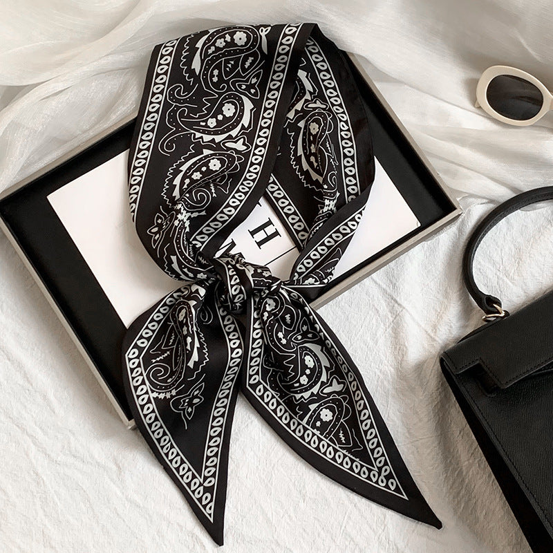 Scarf Korean Atmosphere Printing Double-layer Long Strip Diagonal Tied Bag Streamer Small Scarf Headscarf Headband Tied Hair