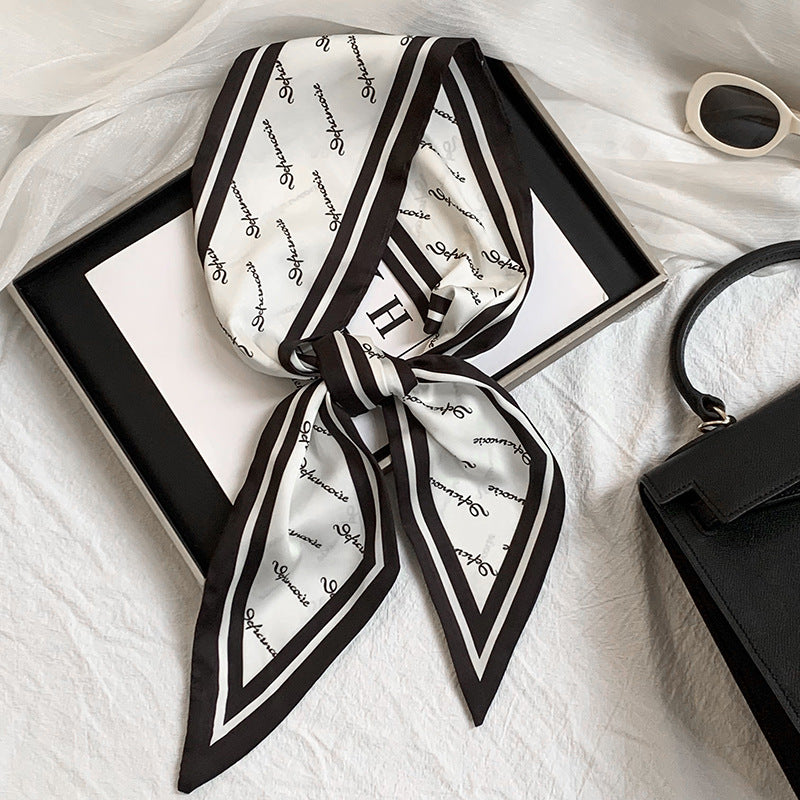 Scarf Korean Atmosphere Printing Double-layer Long Strip Diagonal Tied Bag Streamer Small Scarf Headscarf Headband Tied Hair
