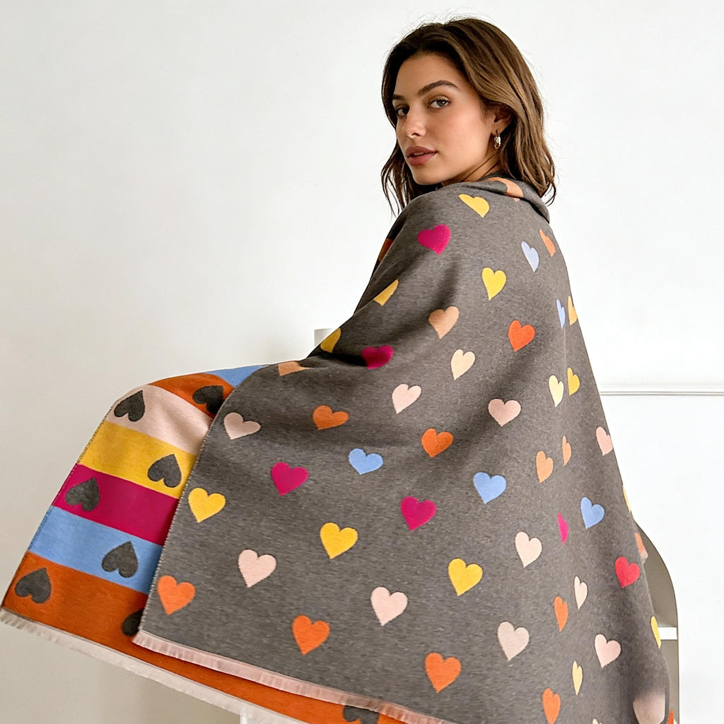 A Reversible Heart-Patterned Scarf for Women, Featuring a Cozy Blend of Beige, Brown, Red, Grey, And White with Black Hearts. Perfect for Parties, Dates, And Everyday Wear, This Stylish Winter Accessory Is Hand Washable