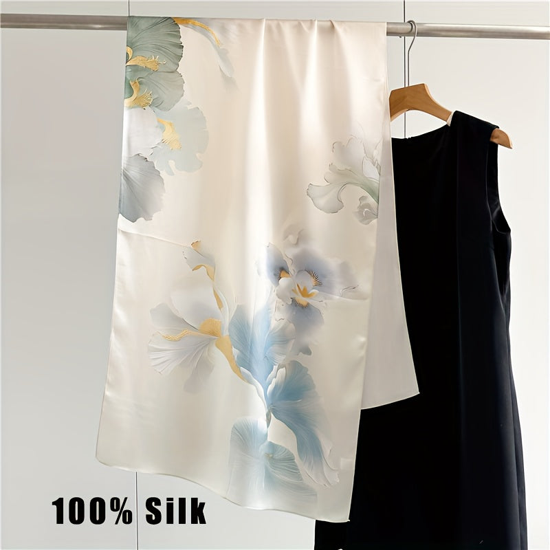 100% Mulberry Silk Ink Wash Floral Multifunctional Women'S Silk Long Scarf. Made from Silk, Suitable for All Seasons. The Ink Wash Floral Style Complements Classical, Light Luxury, And Intellectual Outfits. Can Be Worn in Various Ways