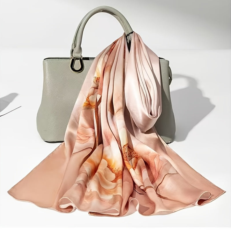 Elegant Vintage Floral Silk Long Scarf for Women | Made of 100% Mulberry Silk with a Gradient Floral Print, This Versatile Long Scarf Is Smooth And Skin-Friendly, Perfect for Tying Around The Neck for a Delicate Look