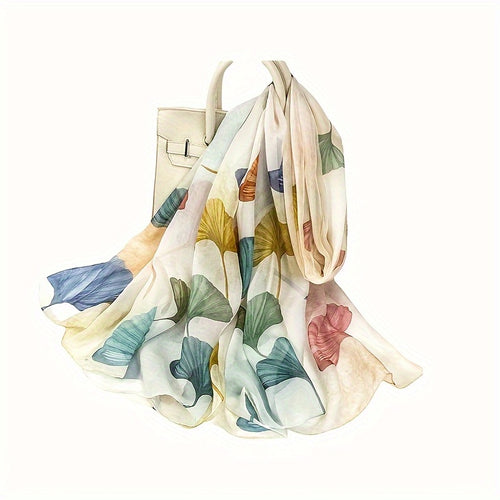 100% Mulberry Silk Scarf Colorful Ginkgo Leaves Print Versatile Fashionable Shawl for Women Lightweight and Stylish, Perfect Gift