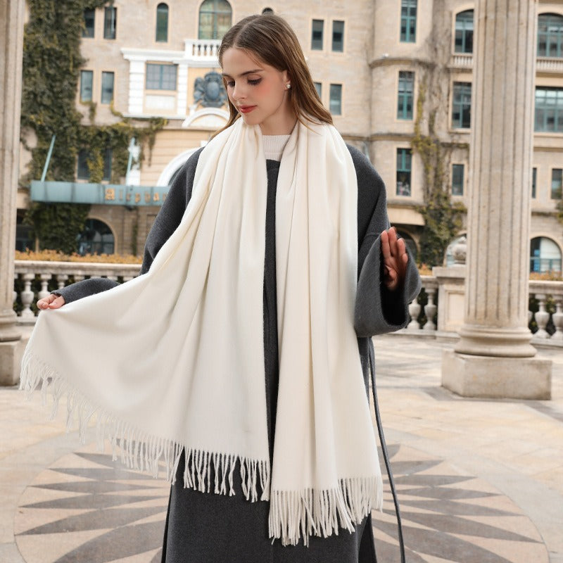 Two-In-One Winter Scarf Wrap in a Solid Color, Resembling Cashmere, Designed for Women. A Soft And Warm Accessory Perfect for Office Commutes with a Boho Fashion Touch