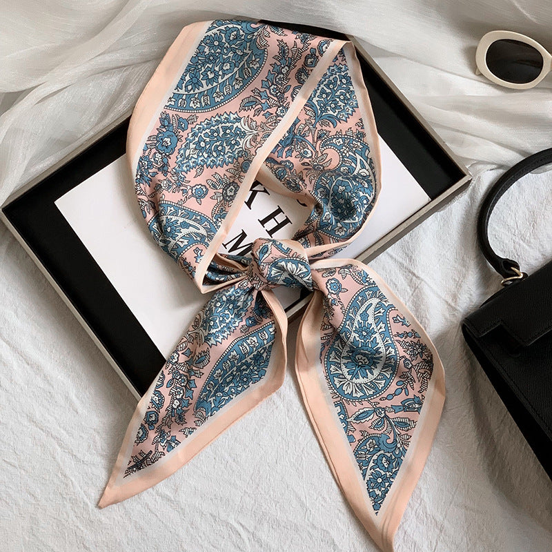 Scarf Korean Atmosphere Printing Double-layer Long Strip Diagonal Tied Bag Streamer Small Scarf Headscarf Headband Tied Hair