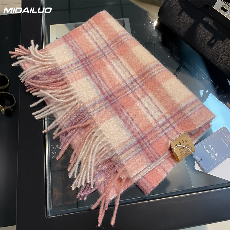 100% Wool Scarf 70.87 * 12.6 Inches | Winter Warm, Windproof, Elegant, Fashionable, Non Elastic, Multifunctional Outdoor Activity Casual Wear, Plaid Pattern, Valentine'S Day Gift