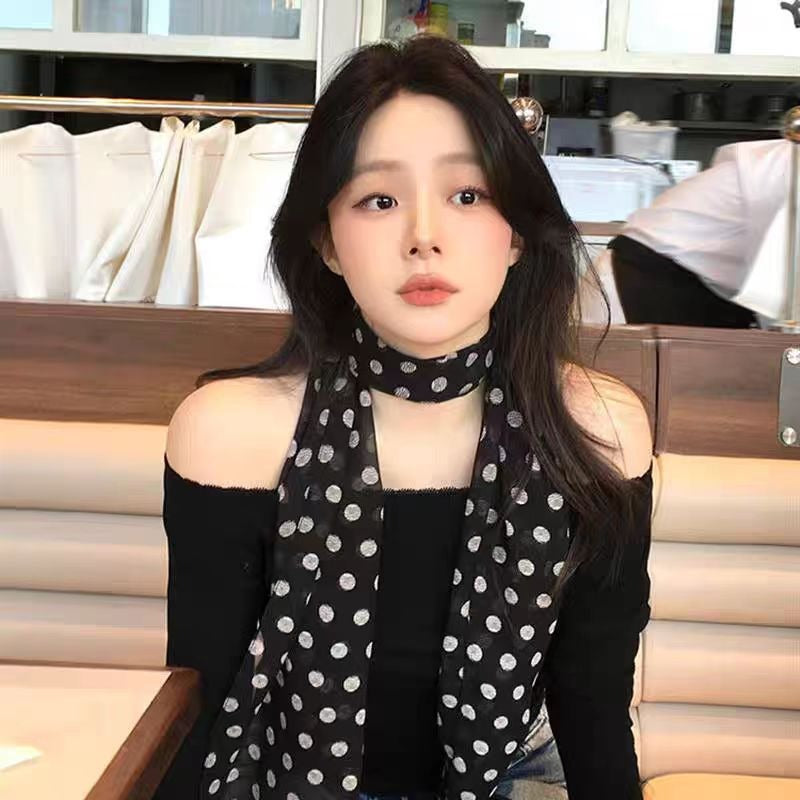 Korean-Style Vintage Black Polka Dot Rose Long Scarf, Y2K Sweet And Cool Millennium Vibe, Elegant Ribbon Neck Wrap