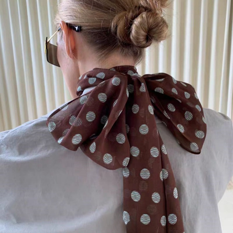 Korean-Style Vintage Black Polka Dot Rose Long Scarf, Y2K Sweet And Cool Millennium Vibe, Elegant Ribbon Neck Wrap