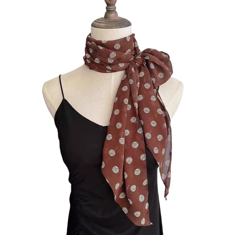 Korean-Style Vintage Black Polka Dot Rose Long Scarf, Y2K Sweet And Cool Millennium Vibe, Elegant Ribbon Neck Wrap