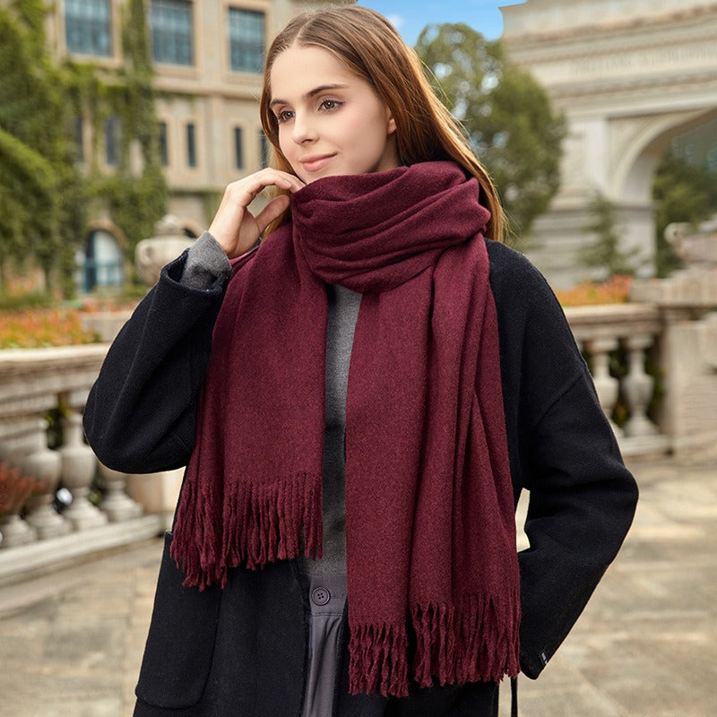 Two-In-One Winter Scarf Wrap in a Solid Color, Resembling Cashmere, Designed for Women. A Soft And Warm Accessory Perfect for Office Commutes with a Boho Fashion Touch