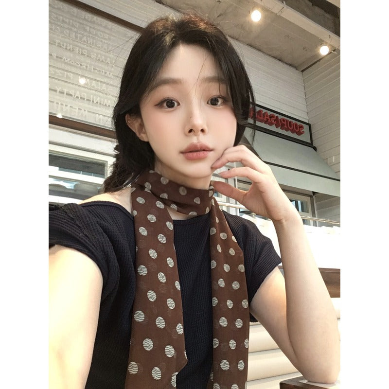Korean-Style Vintage Black Polka Dot Rose Long Scarf, Y2K Sweet And Cool Millennium Vibe, Elegant Ribbon Neck Wrap