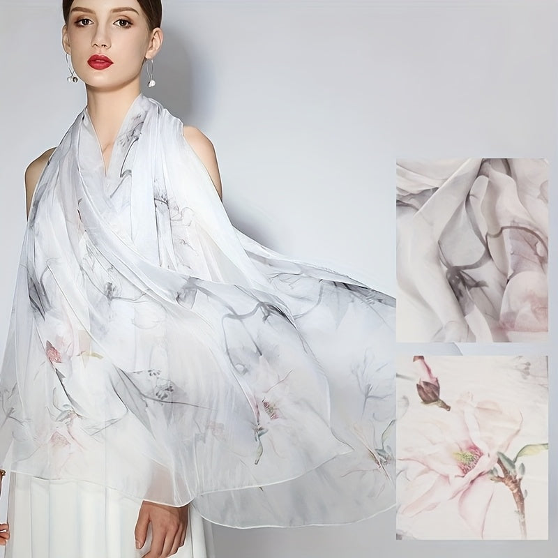 Elegant 100% Silk Scarf Shawl for Women - Black, White & Grey Floral Design, Lightweight & Breathable, Sophisticated Style for Casual or Formal Occasions, Fashion Accessory | Mature Aesthetic | Soft Texture