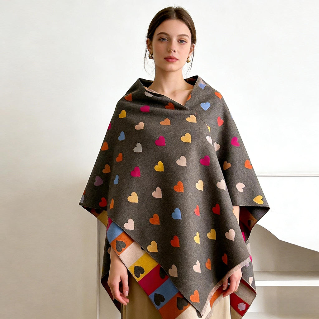 A Reversible Heart-Patterned Scarf for Women, Featuring a Cozy Blend of Beige, Brown, Red, Grey, And White with Black Hearts. Perfect for Parties, Dates, And Everyday Wear, This Stylish Winter Accessory Is Hand Washable