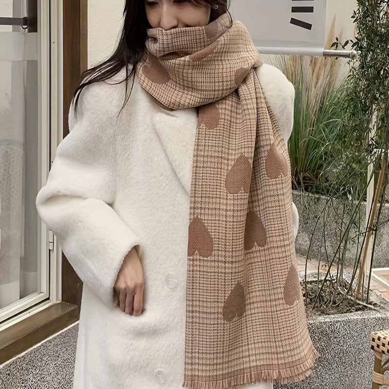 1 Pack Double-Sided Checked & Heart-Decorated Scarf Shawl - Soft Faux Lamb Fleece Winter Pashmina, Beige\u002FBrown\u002FWhite\u002FBlack Bohemian Wrap for Office, Travel, Christmas Gifts - Multi-Purpose Warm Collar Scarf