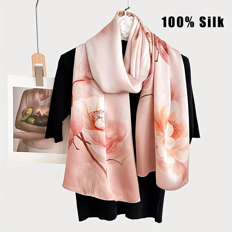 Elegant Vintage Floral Silk Long Scarf for Women | Made of 100% Mulberry Silk with a Gradient Floral Print, This Versatile Long Scarf Is Smooth And Skin-Friendly, Perfect for Tying Around The Neck for a Delicate Look