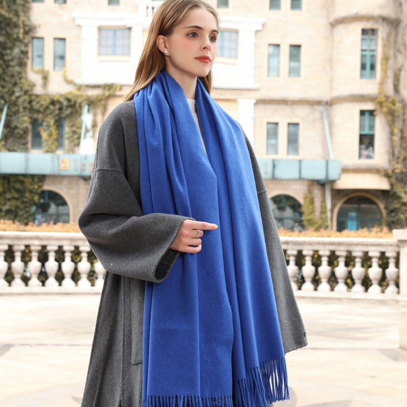 Two-In-One Winter Scarf Wrap in a Solid Color, Resembling Cashmere, Designed for Women. A Soft And Warm Accessory Perfect for Office Commutes with a Boho Fashion Touch