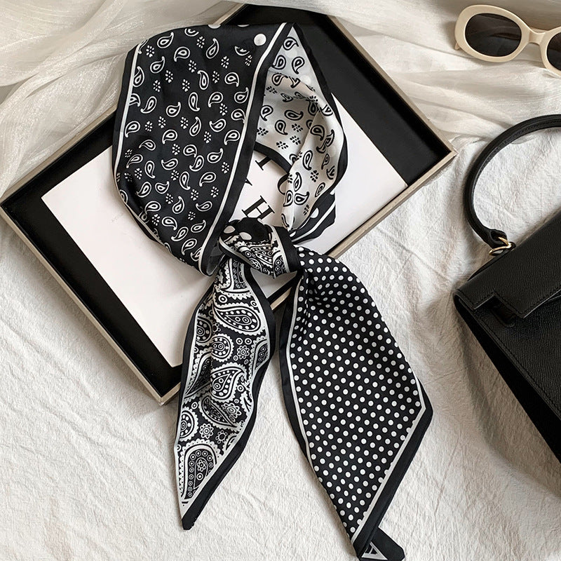 Scarf Korean Atmosphere Printing Double-layer Long Strip Diagonal Tied Bag Streamer Small Scarf Headscarf Headband Tied Hair