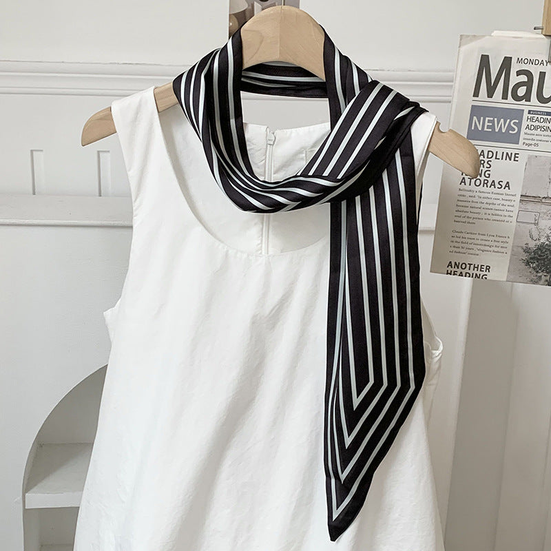 Scarf Korean Atmosphere Printing Double-layer Long Strip Diagonal Tied Bag Streamer Small Scarf Headscarf Headband Tied Hair