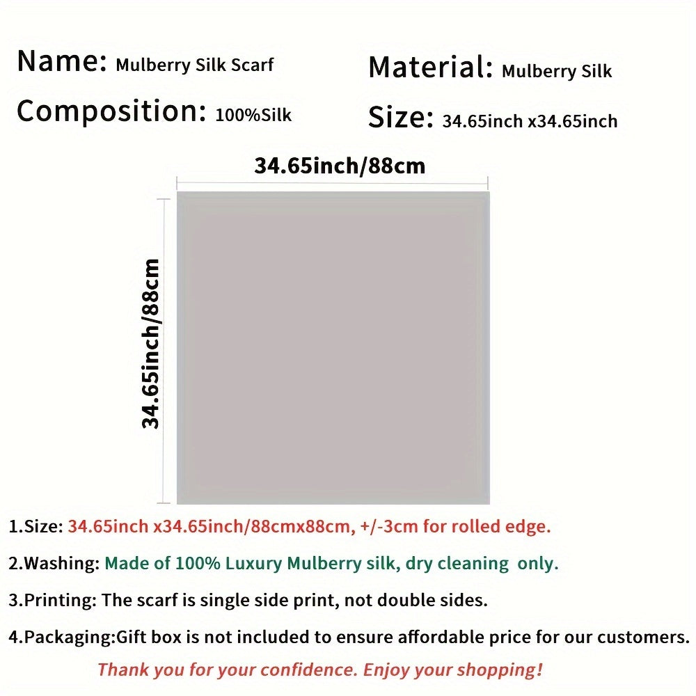 34.65-Inch Large Women's Silk Scarf, 100% Mulberry Silk, Fashionable Square Scarf, Soft and Highly Breathable, Suitable for Matching Various Clothes and Bags, Can Also Be Used as a Shawl or Headscarf, All-Season Use, Premium Timeless