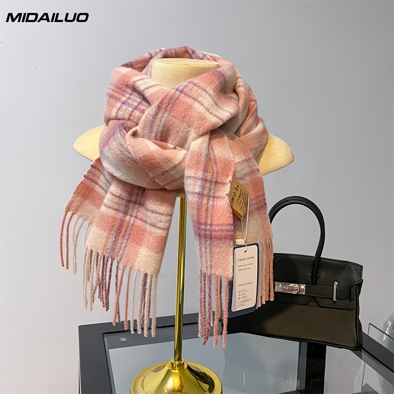 100% Wool Scarf 70.87 * 12.6 Inches | Winter Warm, Windproof, Elegant, Fashionable, Non Elastic, Multifunctional Outdoor Activity Casual Wear, Plaid Pattern, Valentine'S Day Gift