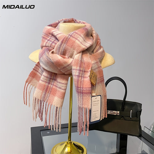 100% Wool Scarf 70.87 * 12.6 Inches | Winter Warm, Windproof, Elegant, Fashionable, Non Elastic, Multifunctional Outdoor Activity Casual Wear, Plaid Pattern, Valentine'S Day Gift