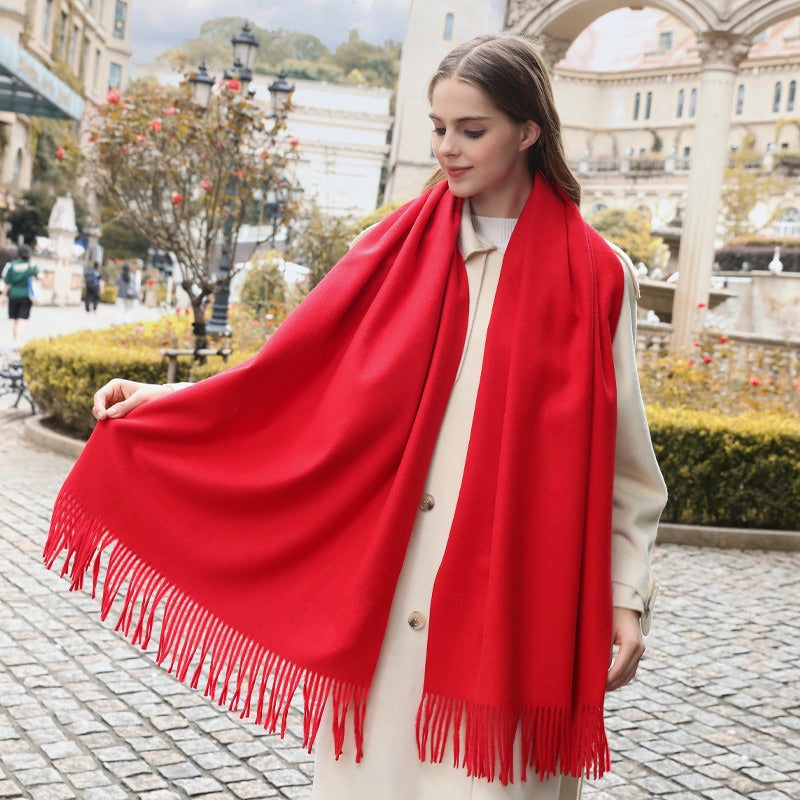 Two-In-One Winter Scarf Wrap in a Solid Color, Resembling Cashmere, Designed for Women. A Soft And Warm Accessory Perfect for Office Commutes with a Boho Fashion Touch