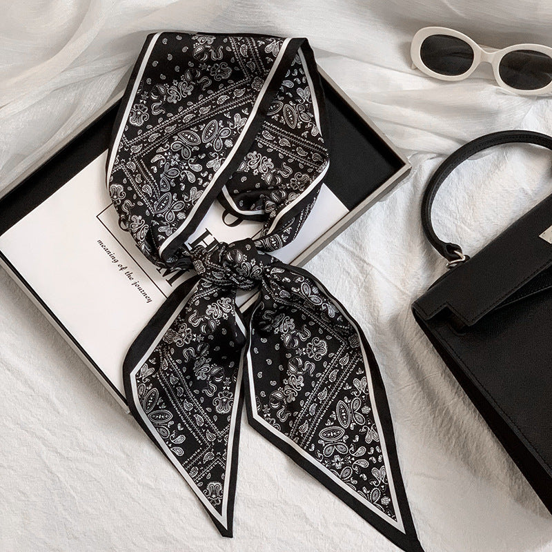 Scarf Korean Atmosphere Printing Double-layer Long Strip Diagonal Tied Bag Streamer Small Scarf Headscarf Headband Tied Hair