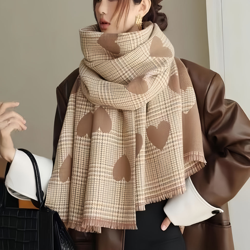 1 Pack Double-Sided Checked & Heart-Decorated Scarf Shawl - Soft Faux Lamb Fleece Winter Pashmina, Beige\u002FBrown\u002FWhite\u002FBlack Bohemian Wrap for Office, Travel, Christmas Gifts - Multi-Purpose Warm Collar Scarf