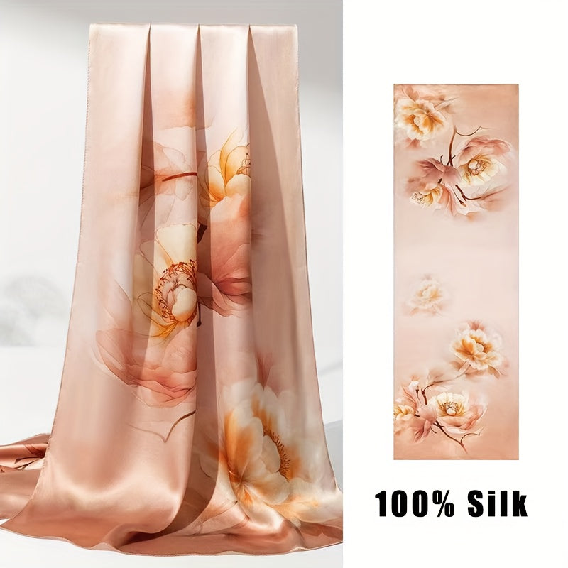 Elegant Vintage Floral Silk Long Scarf for Women | Made of 100% Mulberry Silk with a Gradient Floral Print, This Versatile Long Scarf Is Smooth And Skin-Friendly, Perfect for Tying Around The Neck for a Delicate Look