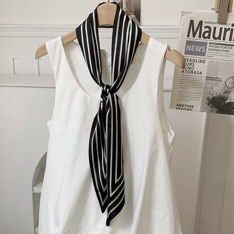 Scarf Korean Atmosphere Printing Double-layer Long Strip Diagonal Tied Bag Streamer Small Scarf Headscarf Headband Tied Hair