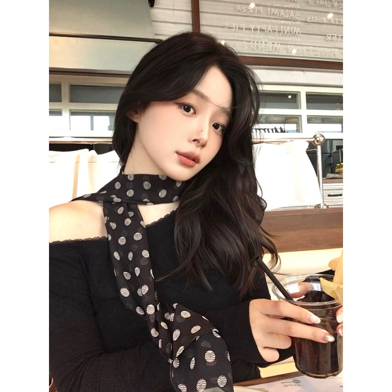 Korean-Style Vintage Black Polka Dot Rose Long Scarf, Y2K Sweet And Cool Millennium Vibe, Elegant Ribbon Neck Wrap