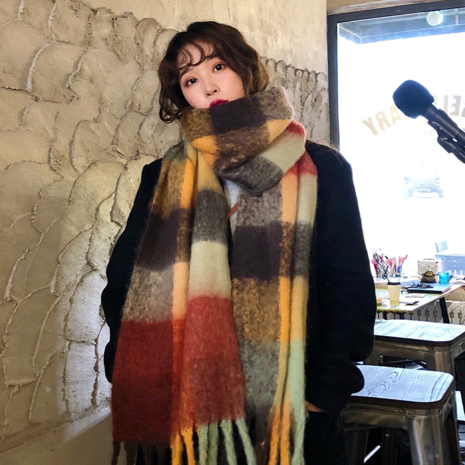 A Versatile Scarf for Women Featuring a Rainbow Plaid Design, Suitable for Autumn And Winter, That Can Be Used As a Shawl Or Neck Warmer, Providing Warmth And Thickness
