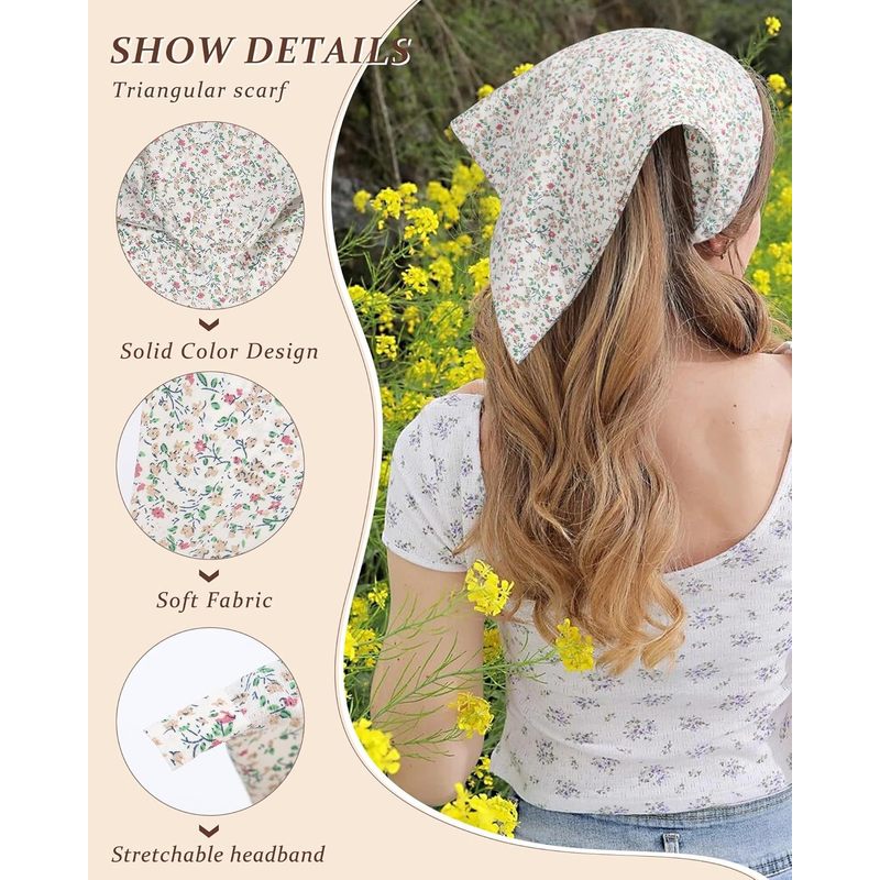 HAIMEIKANG Floral Hair Scarf Headbands for Women Boho Bandanas for Women Triangle Kerchief Solid Color Hair Bands Vintage Head Scarf (Beige+Yellow+Black)