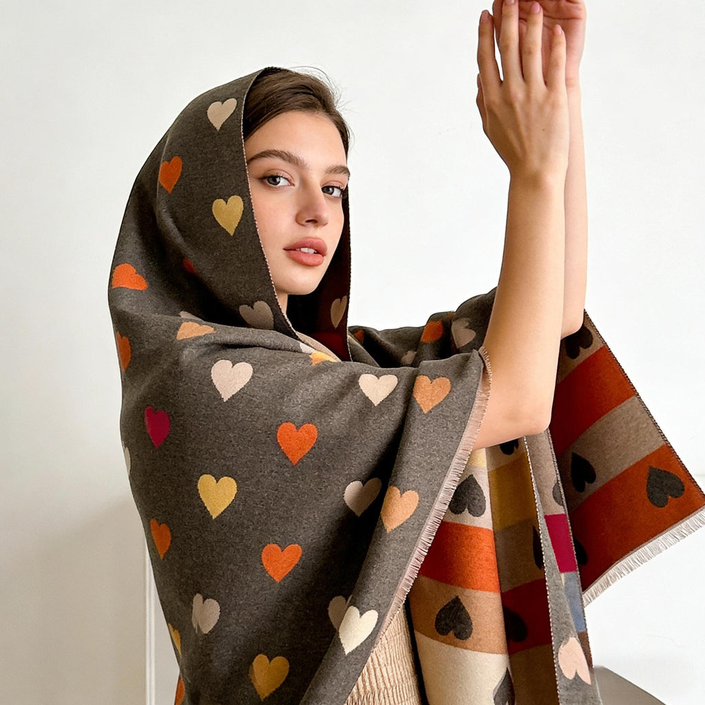 A Reversible Heart-Patterned Scarf for Women, Featuring a Cozy Blend of Beige, Brown, Red, Grey, And White with Black Hearts. Perfect for Parties, Dates, And Everyday Wear, This Stylish Winter Accessory Is Hand Washable
