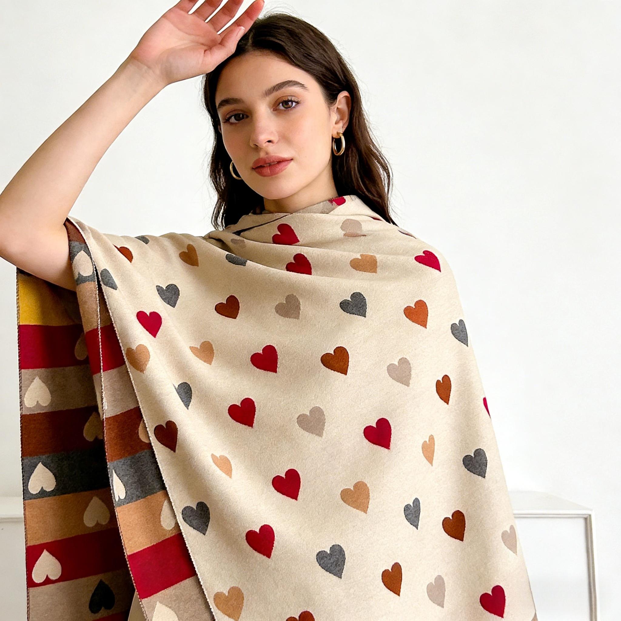 A Reversible Heart-Patterned Scarf for Women, Featuring a Cozy Blend of Beige, Brown, Red, Grey, And White with Black Hearts. Perfect for Parties, Dates, And Everyday Wear, This Stylish Winter Accessory Is Hand Washable