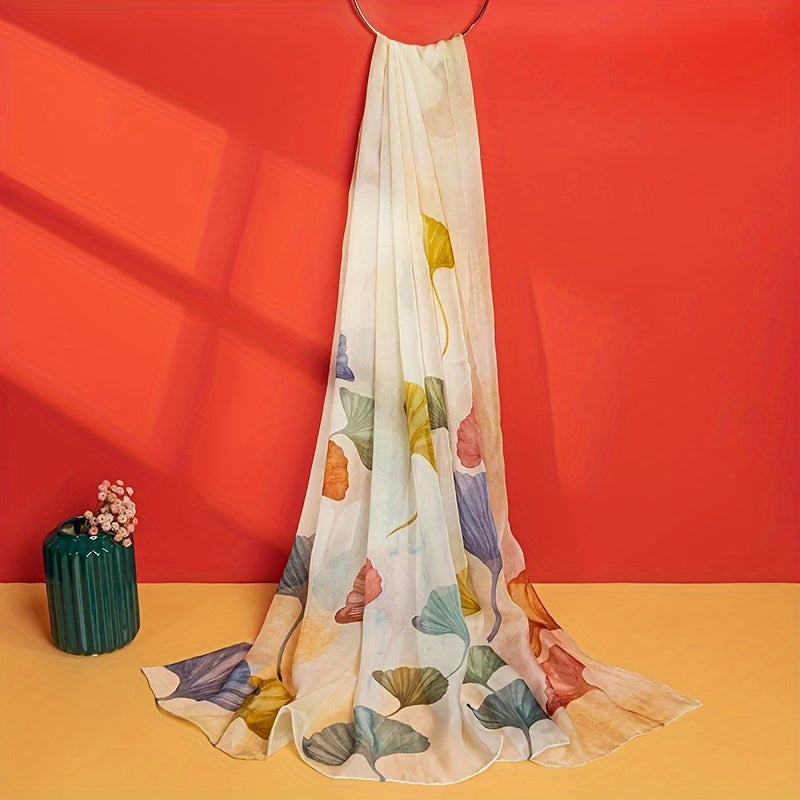 100% Mulberry Silk Scarf Colorful Ginkgo Leaves Print Versatile Fashionable Shawl for Women Lightweight and Stylish, Perfect Gift