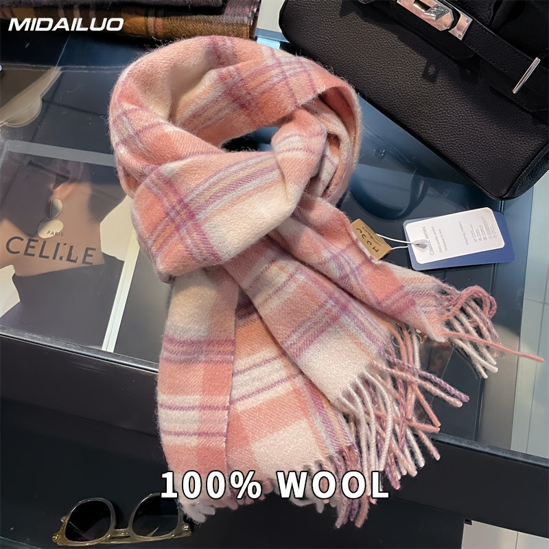 100% Wool Scarf 70.87 * 12.6 Inches | Winter Warm, Windproof, Elegant, Fashionable, Non Elastic, Multifunctional Outdoor Activity Casual Wear, Plaid Pattern, Valentine'S Day Gift