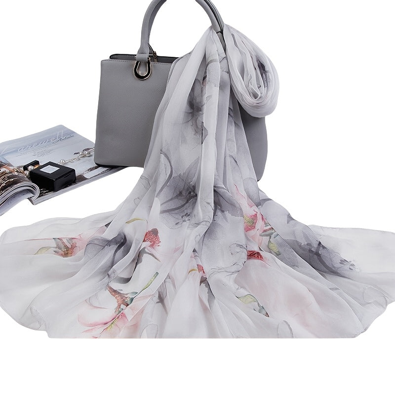 Elegant 100% Silk Scarf Shawl for Women - Black, White & Grey Floral Design, Lightweight & Breathable, Sophisticated Style for Casual or Formal Occasions, Fashion Accessory | Mature Aesthetic | Soft Texture