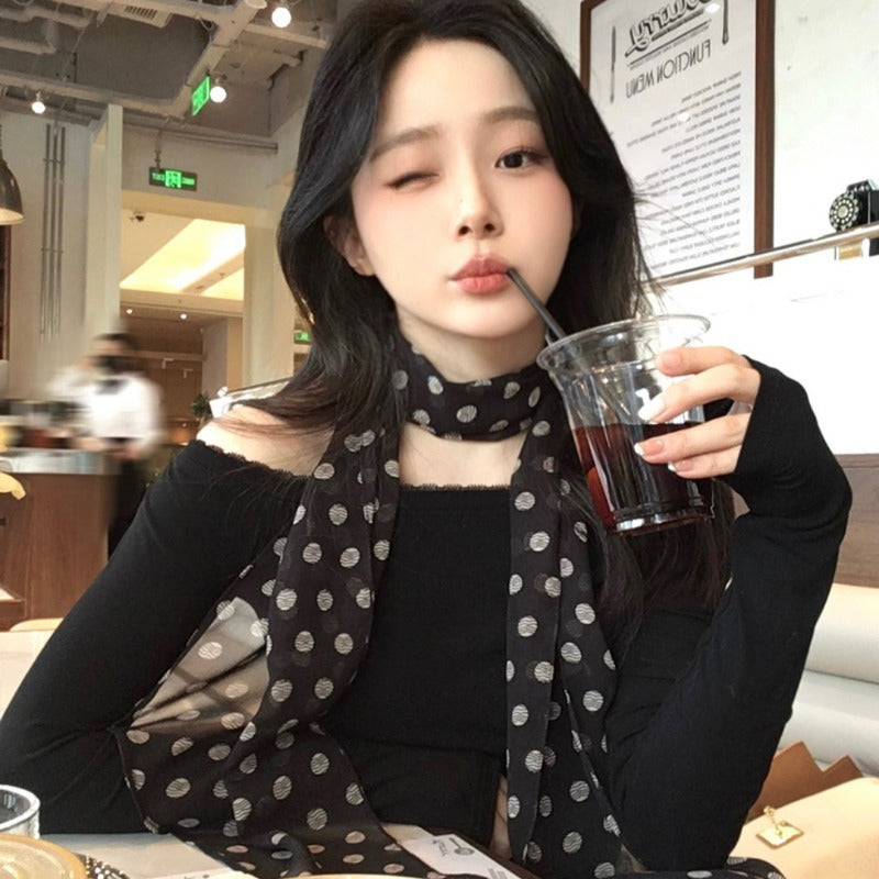 Korean-Style Vintage Black Polka Dot Rose Long Scarf, Y2K Sweet And Cool Millennium Vibe, Elegant Ribbon Neck Wrap