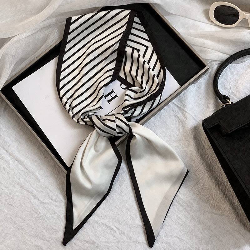 Scarf Korean Atmosphere Printing Double-layer Long Strip Diagonal Tied Bag Streamer Small Scarf Headscarf Headband Tied Hair