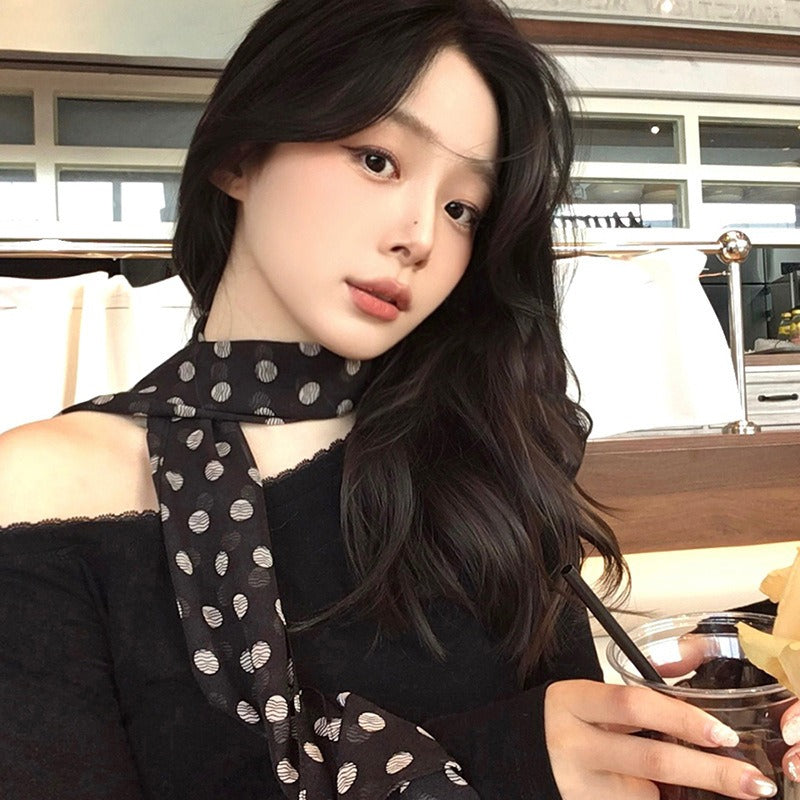 Korean-Style Vintage Black Polka Dot Rose Long Scarf, Y2K Sweet And Cool Millennium Vibe, Elegant Ribbon Neck Wrap
