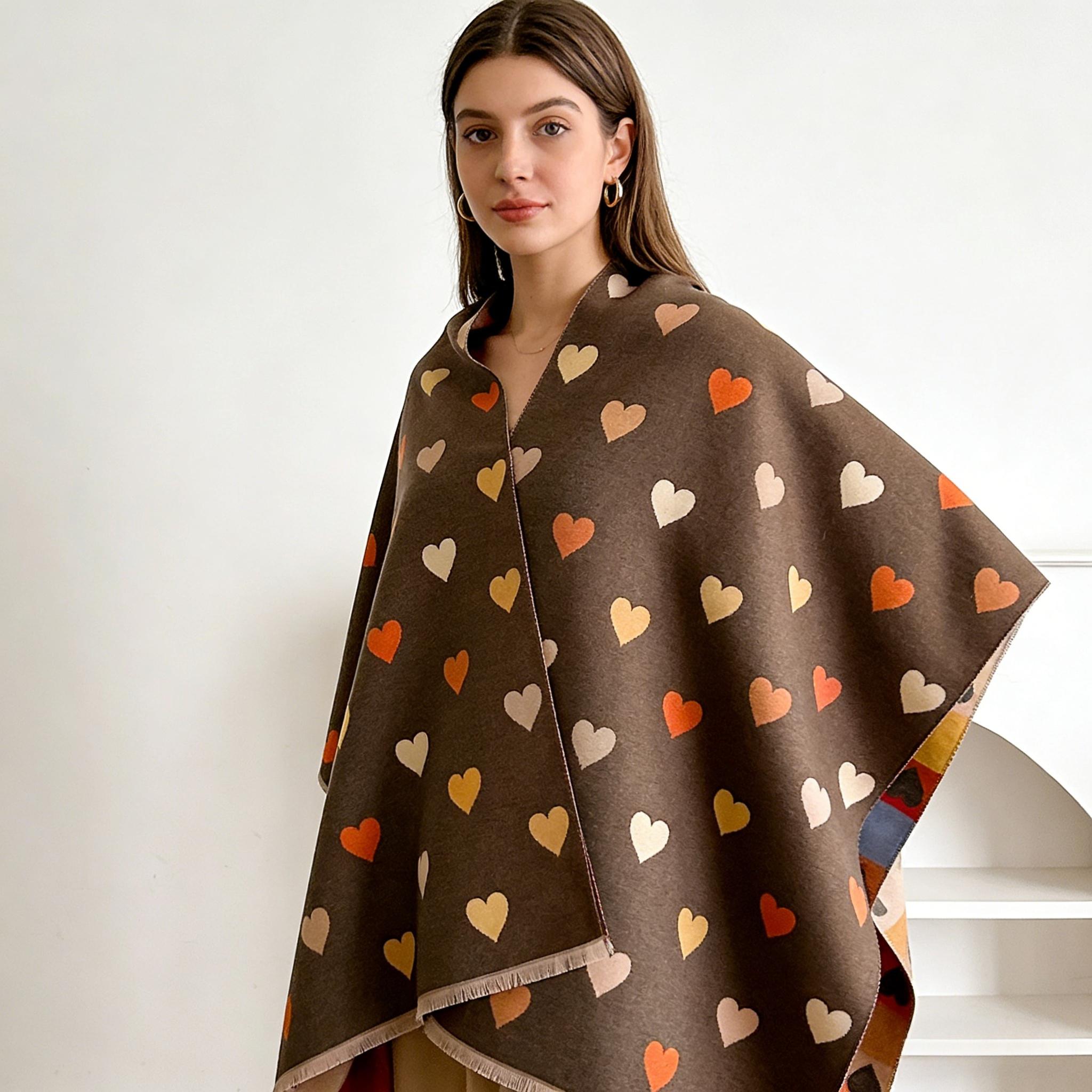 A Reversible Heart-Patterned Scarf for Women, Featuring a Cozy Blend of Beige, Brown, Red, Grey, And White with Black Hearts. Perfect for Parties, Dates, And Everyday Wear, This Stylish Winter Accessory Is Hand Washable