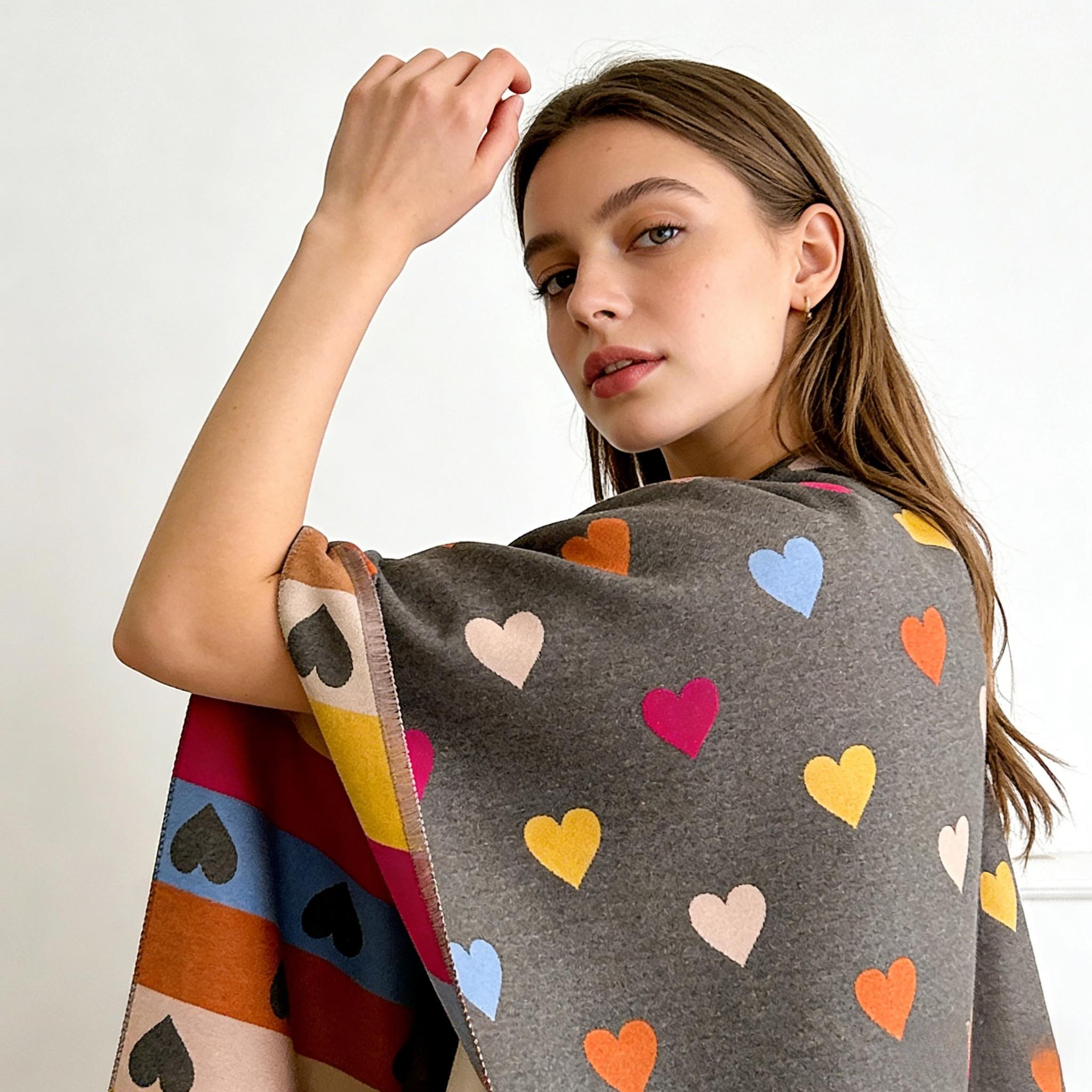A Reversible Heart-Patterned Scarf for Women, Featuring a Cozy Blend of Beige, Brown, Red, Grey, And White with Black Hearts. Perfect for Parties, Dates, And Everyday Wear, This Stylish Winter Accessory Is Hand Washable