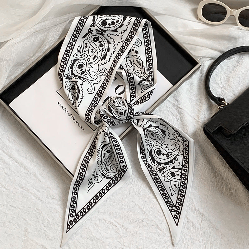 Scarf Korean Atmosphere Printing Double-layer Long Strip Diagonal Tied Bag Streamer Small Scarf Headscarf Headband Tied Hair