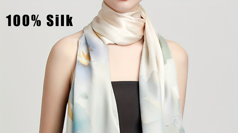 100% Mulberry Silk Ink Wash Floral Multifunctional Women'S Silk Long Scarf. Made from Silk, Suitable for All Seasons. The Ink Wash Floral Style Complements Classical, Light Luxury, And Intellectual Outfits. Can Be Worn in Various Ways