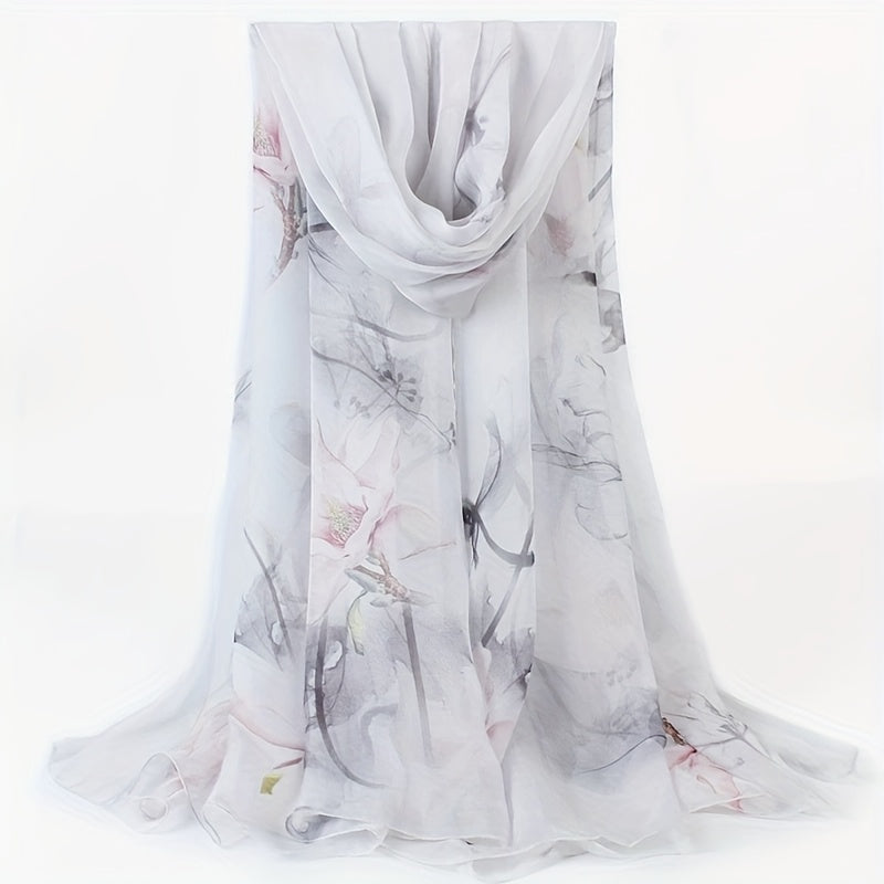 Elegant 100% Silk Scarf Shawl for Women - Black, White & Grey Floral Design, Lightweight & Breathable, Sophisticated Style for Casual or Formal Occasions, Fashion Accessory | Mature Aesthetic | Soft Texture