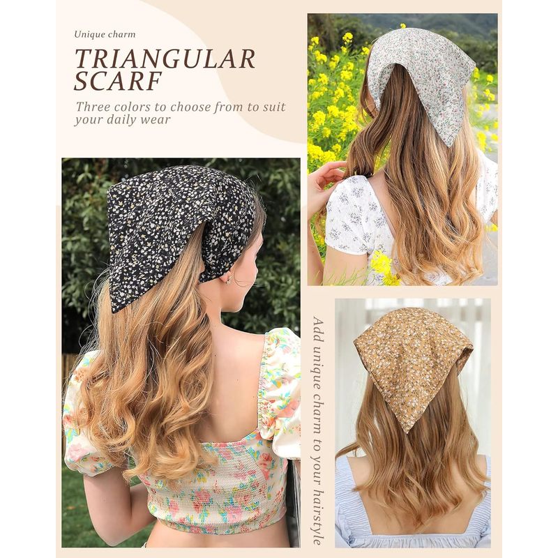HAIMEIKANG Floral Hair Scarf Headbands for Women Boho Bandanas for Women Triangle Kerchief Solid Color Hair Bands Vintage Head Scarf (Beige+Yellow+Black)
