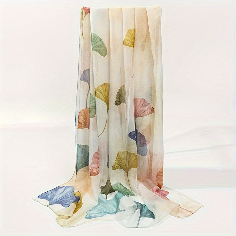 100% Mulberry Silk Scarf Colorful Ginkgo Leaves Print Versatile Fashionable Shawl for Women Lightweight and Stylish, Perfect Gift