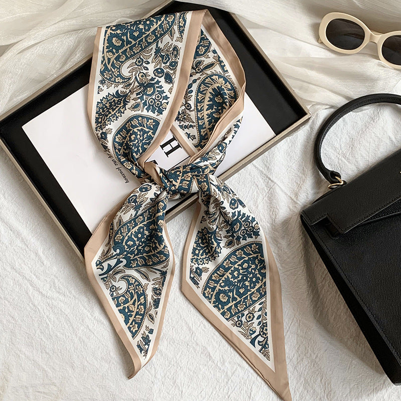 Scarf Korean Atmosphere Printing Double-layer Long Strip Diagonal Tied Bag Streamer Small Scarf Headscarf Headband Tied Hair