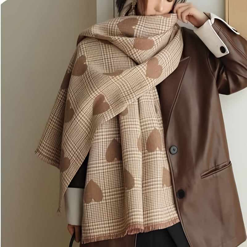 1 Pack Double-Sided Checked & Heart-Decorated Scarf Shawl - Soft Faux Lamb Fleece Winter Pashmina, Beige\u002FBrown\u002FWhite\u002FBlack Bohemian Wrap for Office, Travel, Christmas Gifts - Multi-Purpose Warm Collar Scarf