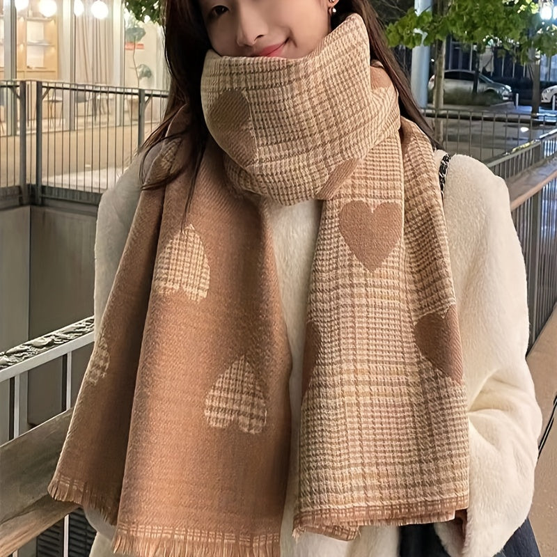 1 Pack Double-Sided Checked & Heart-Decorated Scarf Shawl - Soft Faux Lamb Fleece Winter Pashmina, Beige\u002FBrown\u002FWhite\u002FBlack Bohemian Wrap for Office, Travel, Christmas Gifts - Multi-Purpose Warm Collar Scarf